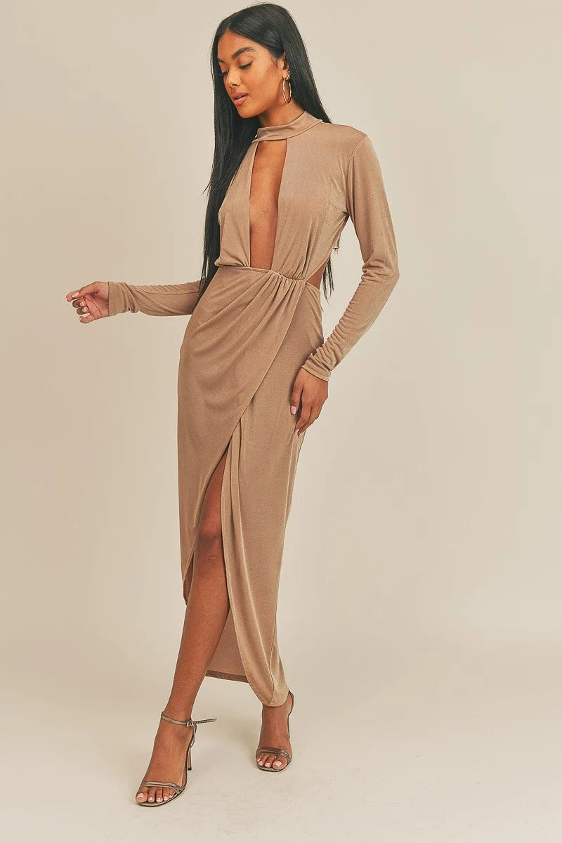 Pecan Brown Sexy Fashion Open Front Dress