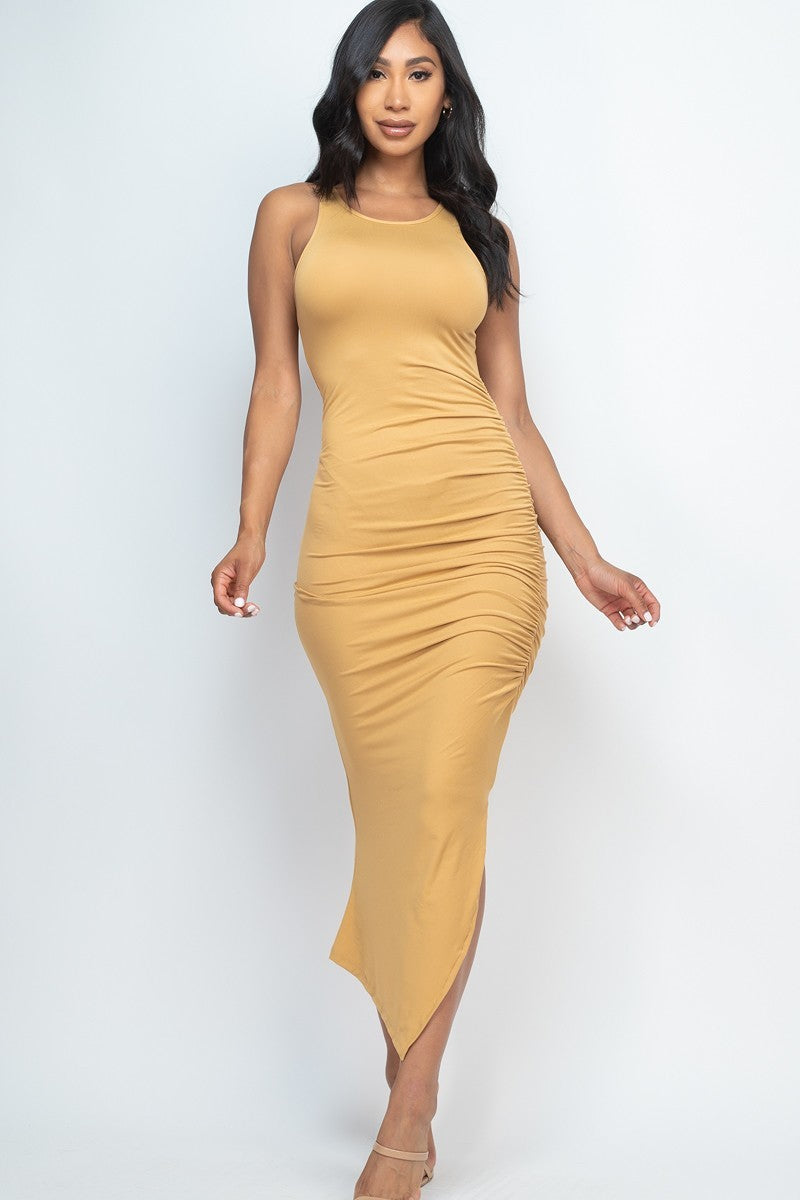 Bey Sleeveless Ruched Side Split Maxi Dress